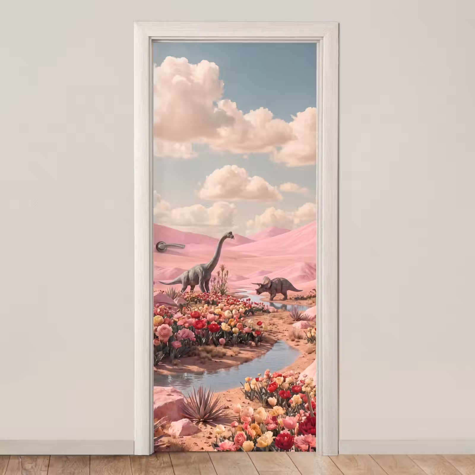 Deursticker - Dinosaurus - Roze - Landschap — 1