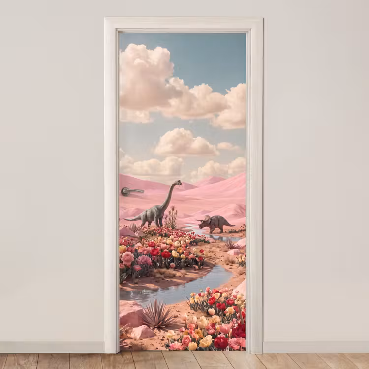 Deursticker - Dinosaurus - Roze - Landschap — 1
