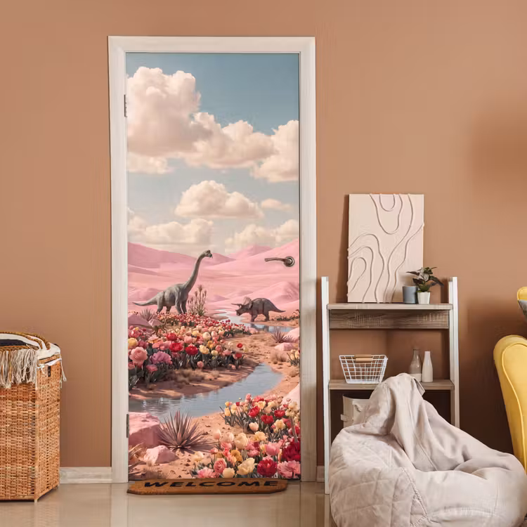 Deursticker - Dinosaurus - Roze - Landschap — 2