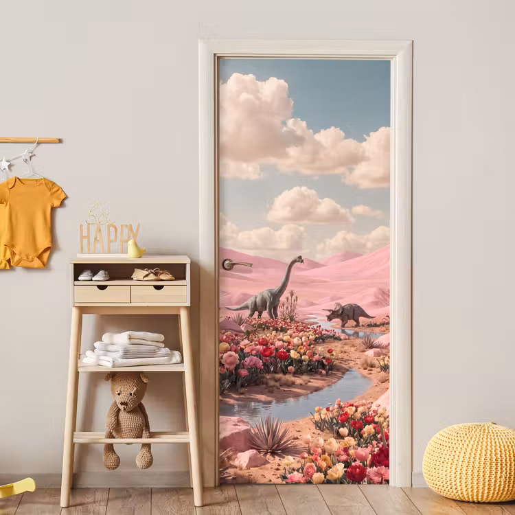 Deursticker - Dinosaurus - Roze - Landschap — 6