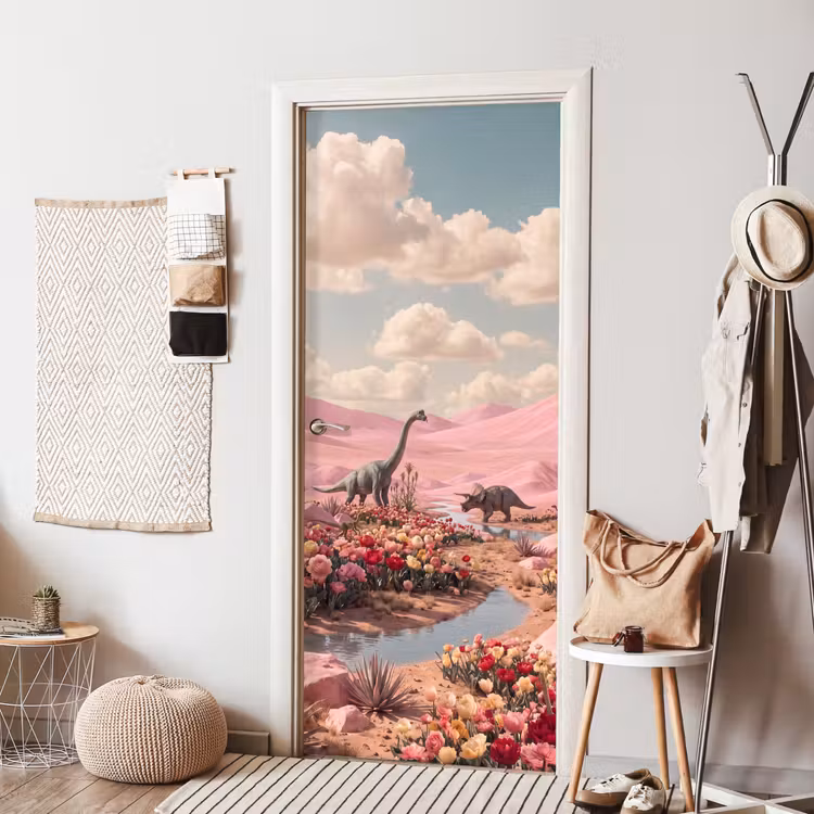 Deursticker - Dinosaurus - Roze - Landschap — 8