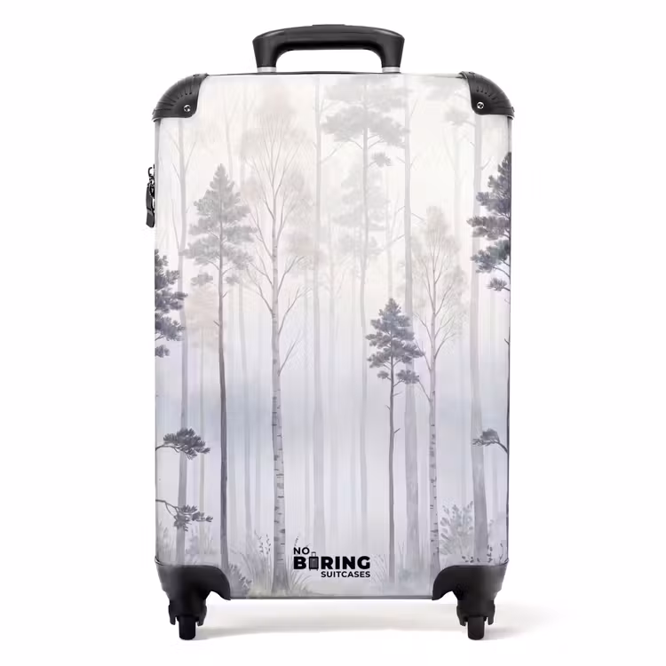 Koffer - Bos - Bomen - Mist - Natuur - Illustratie - Grijs — 1