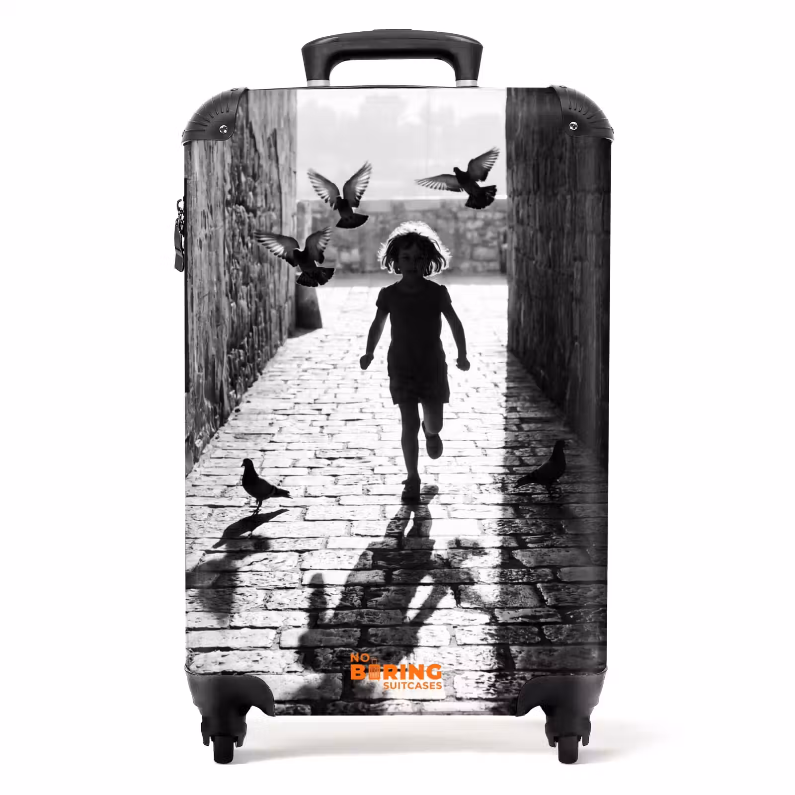 Koffer - Kind - Vogel - Straat - Zwart-wit - Spelen — 1