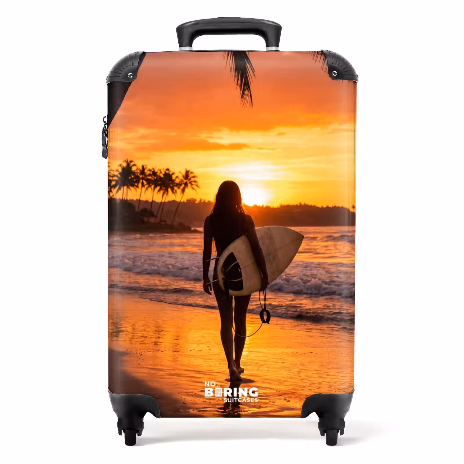 Koffer - Vrouw - Surfplank - Strand - Zonsondergang - Oranje — 1