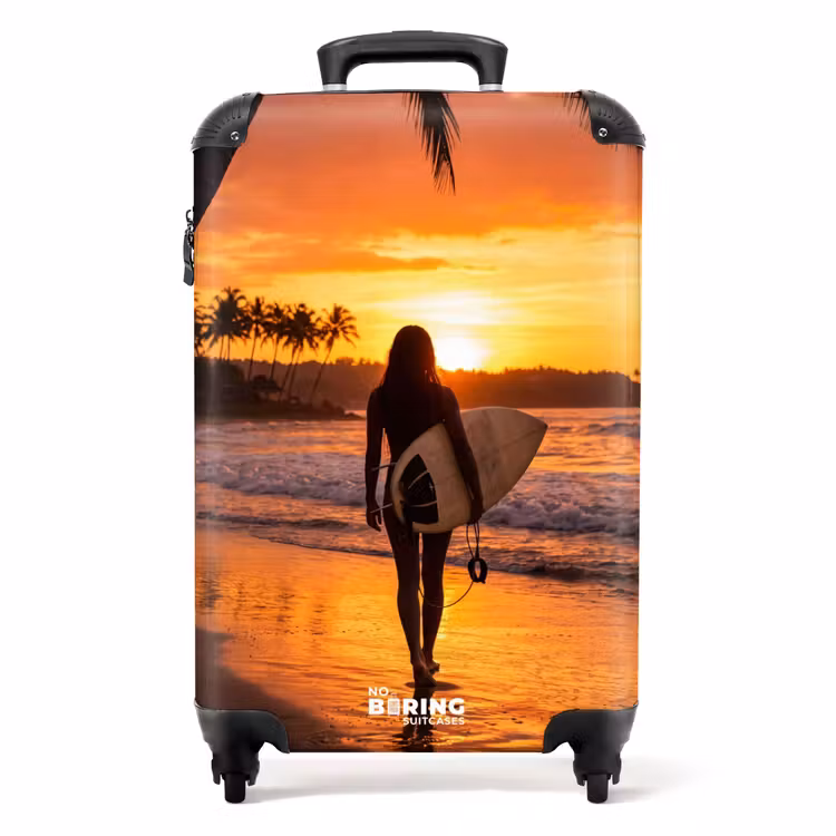 Koffer - Vrouw - Surfplank - Strand - Zonsondergang - Oranje — 1