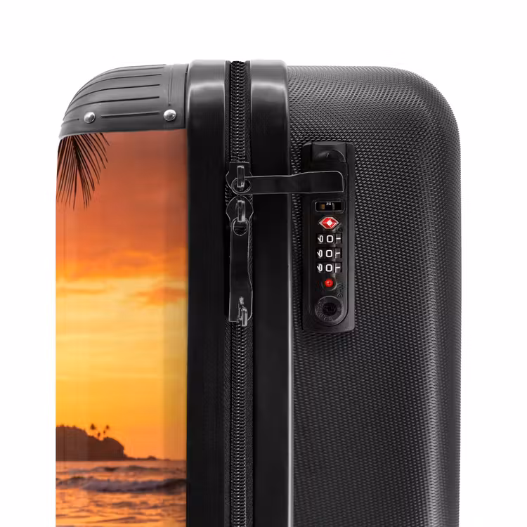 Koffer - Vrouw - Surfplank - Strand - Zonsondergang - Oranje — 5