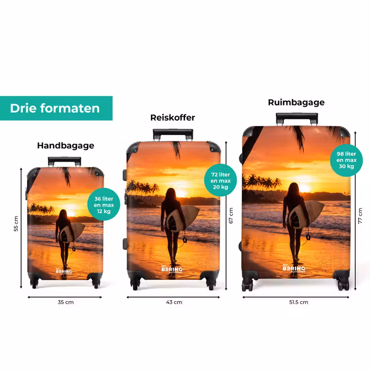 Koffer - Vrouw - Surfplank - Strand - Zonsondergang - Oranje — 8