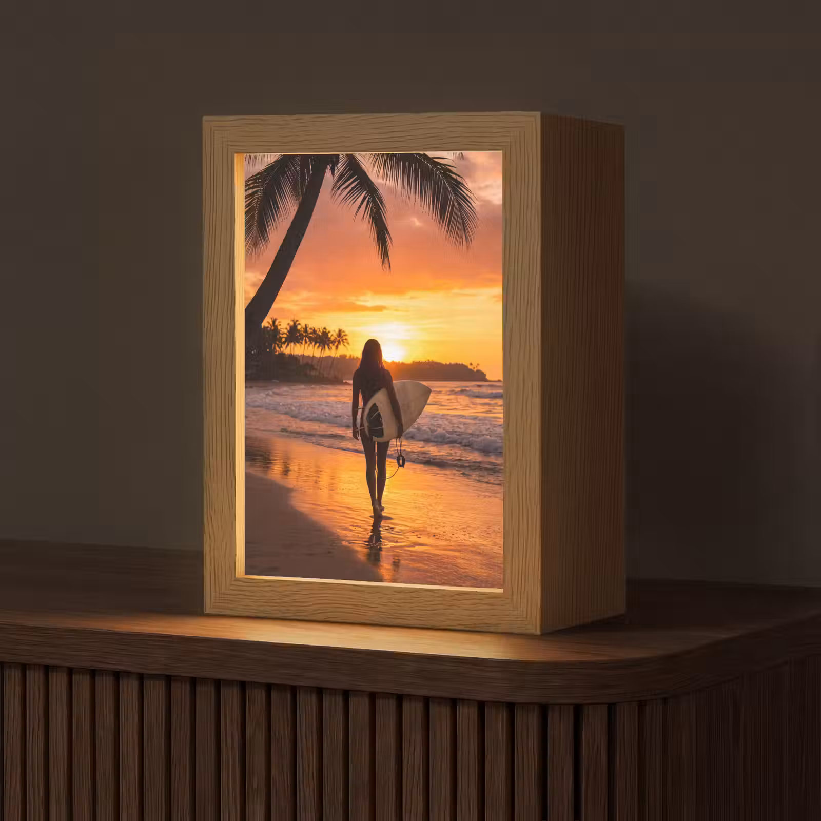Gepersonaliseerde Lightbox - Vrouw - Surfplank - Strand - Zonsondergang - Oranje — 1