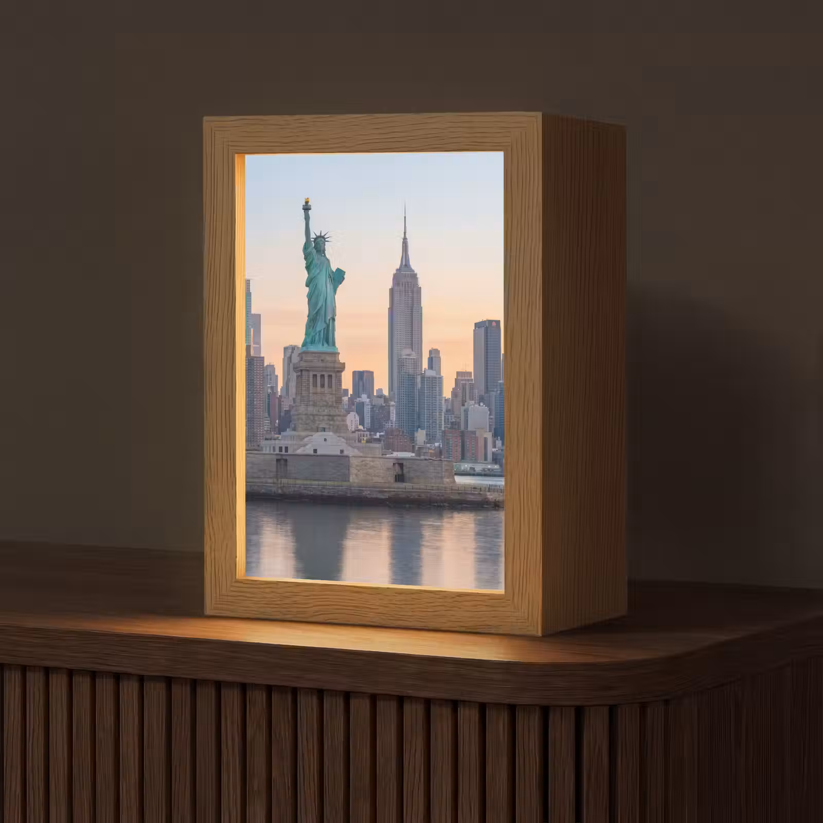Gepersonaliseerde Lightbox - Vrijheidsbeeld - New York - Zonsopgang - Stad - Architectuur — 1