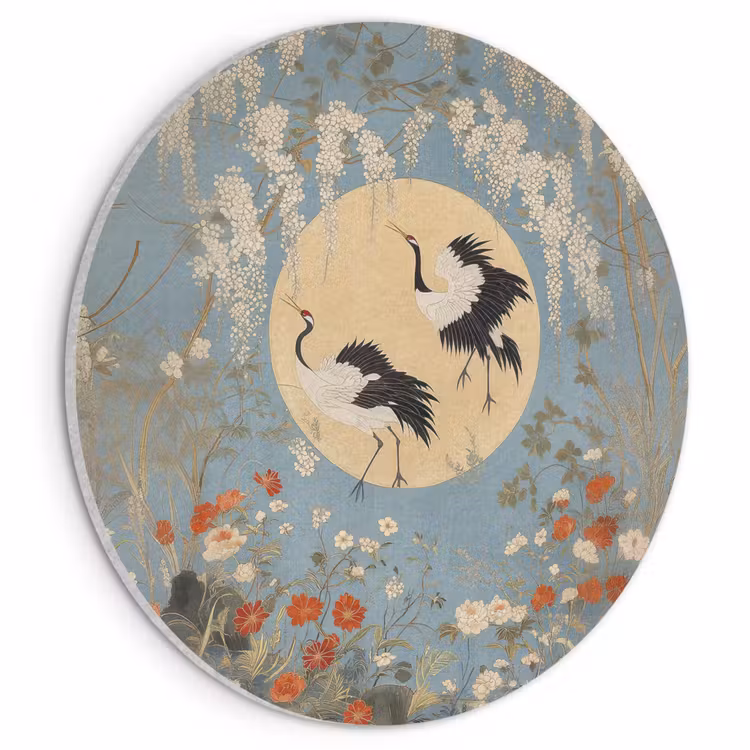 Akoestisch schilderij rond - Kraanvogels - Maan - Bloemen - Blauw — 1
