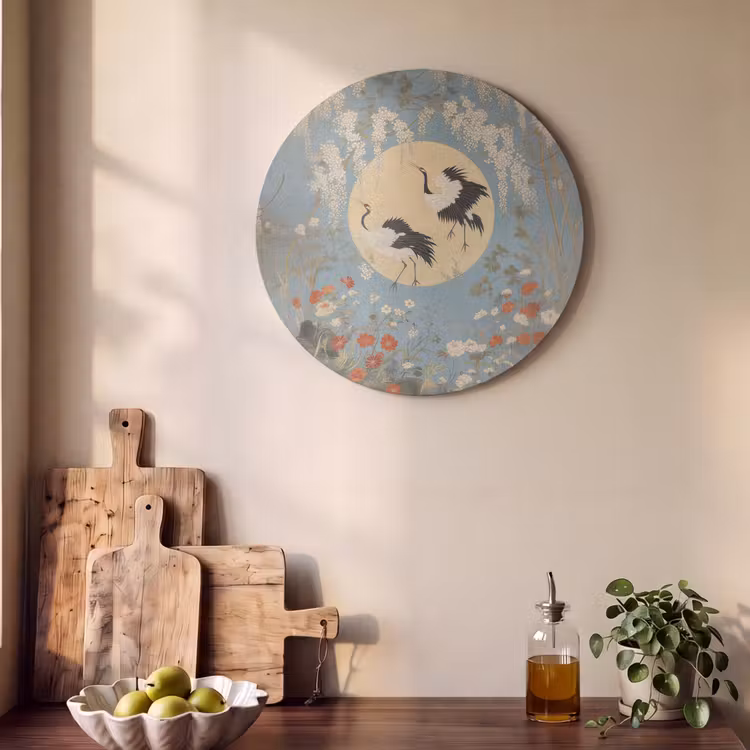 Akoestisch schilderij rond - Kraanvogels - Maan - Bloemen - Blauw — 4