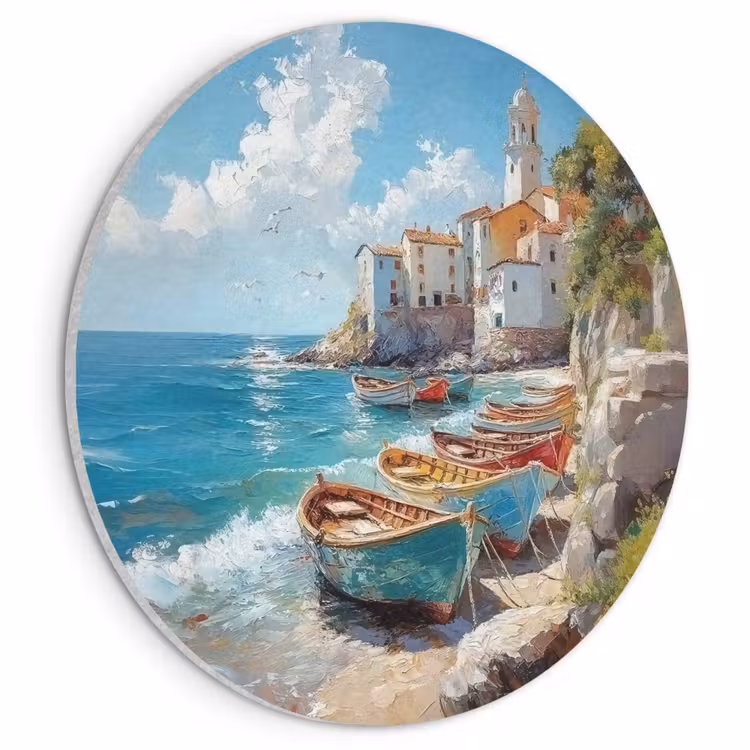Akoestisch schilderij rond - Boten - Rotsen - Zee - Zon — 1