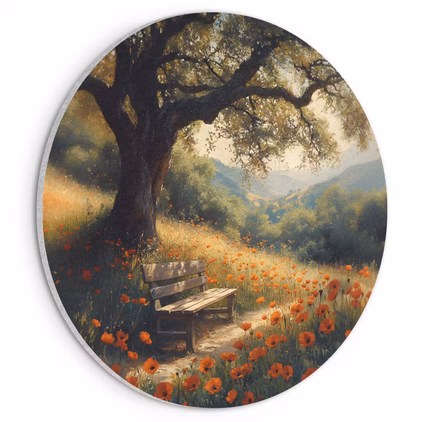 Akoestisch schilderij rond - Bankje - Boom - Klaprozen - Heuvels — 1