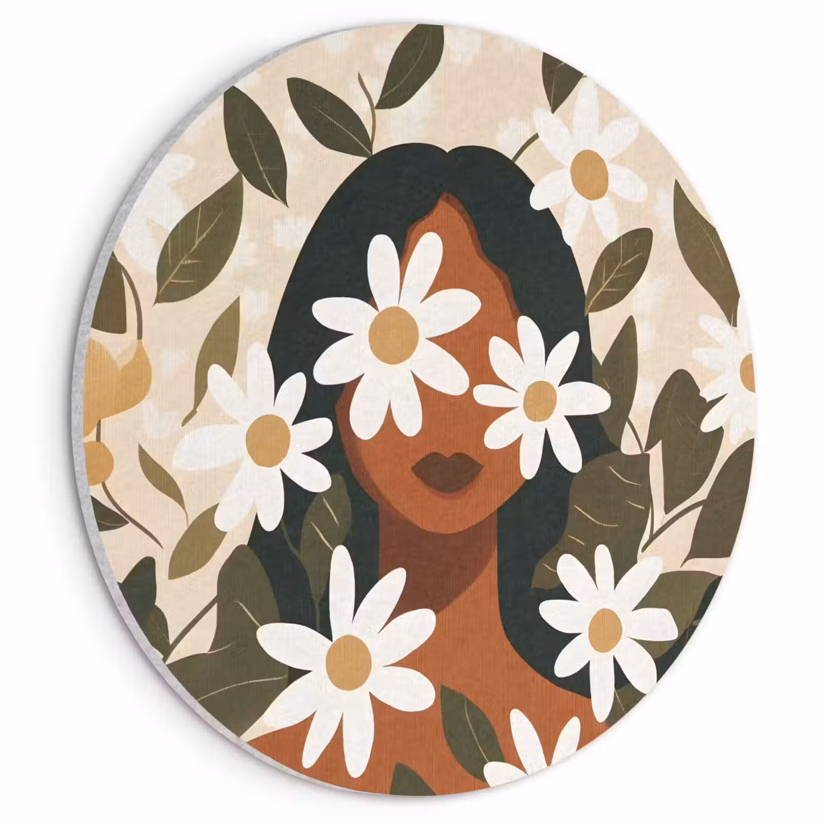 Akoestisch schilderij rond - Illustratie - Vrouw - Madeliefjes - Wit — 1