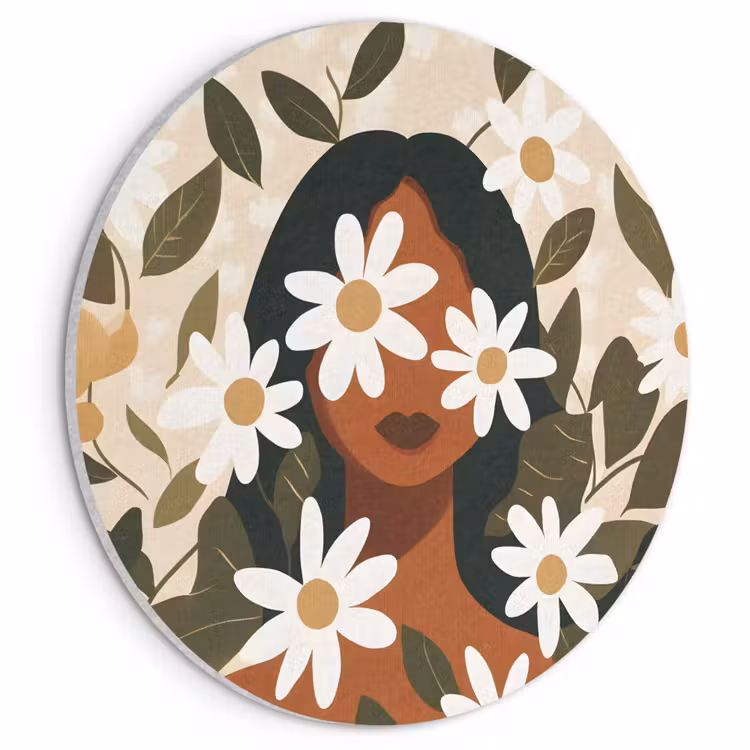 Akoestisch schilderij rond - Illustratie - Vrouw - Madeliefjes - Wit — 1