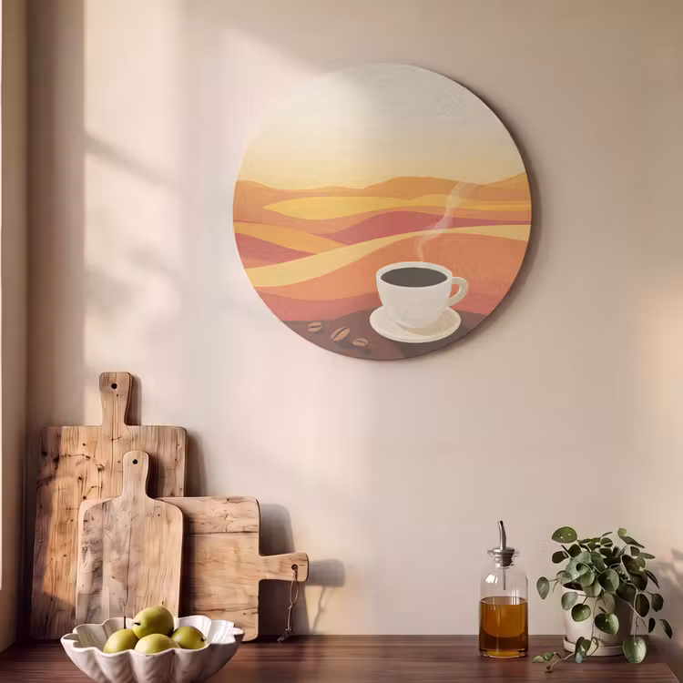 Akoestisch schilderij rond - Koffie - Landschap - Oranje - Koffiebonen — 4