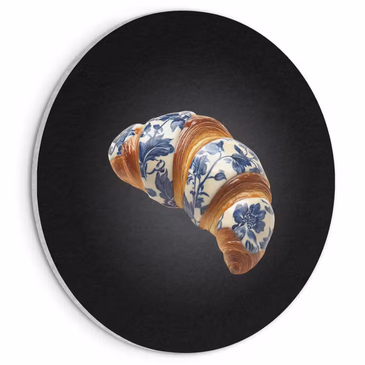 Akoestisch schilderij rond - Croissant - Bloemenpatroon - Delftsblauw