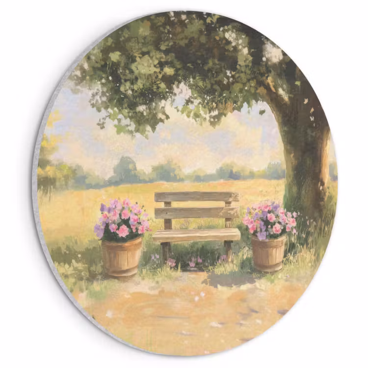 Akoestisch schilderij rond - Houten bankje - Bloempotten - Landschap — 1
