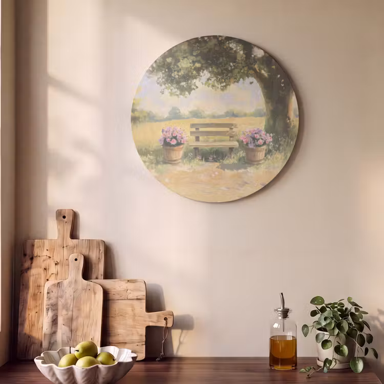 Akoestisch schilderij rond - Houten bankje - Bloempotten - Landschap — 4
