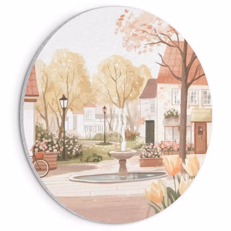 Akoestisch schilderij rond - Dorpsplein - Fontein - Tulpen — 1