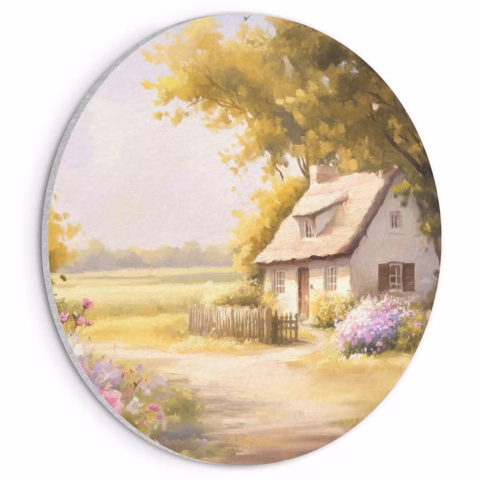 Akoestisch schilderij rond - Huisje - Hout - Bloemen — 1