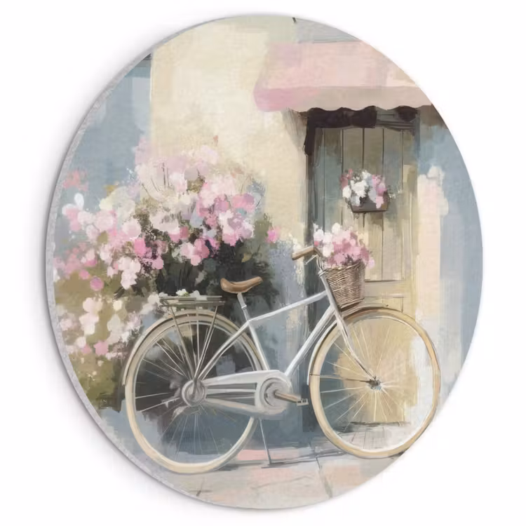 Akoestisch schilderij rond - Fiets - Pastelkleuren - Bloemen — 1