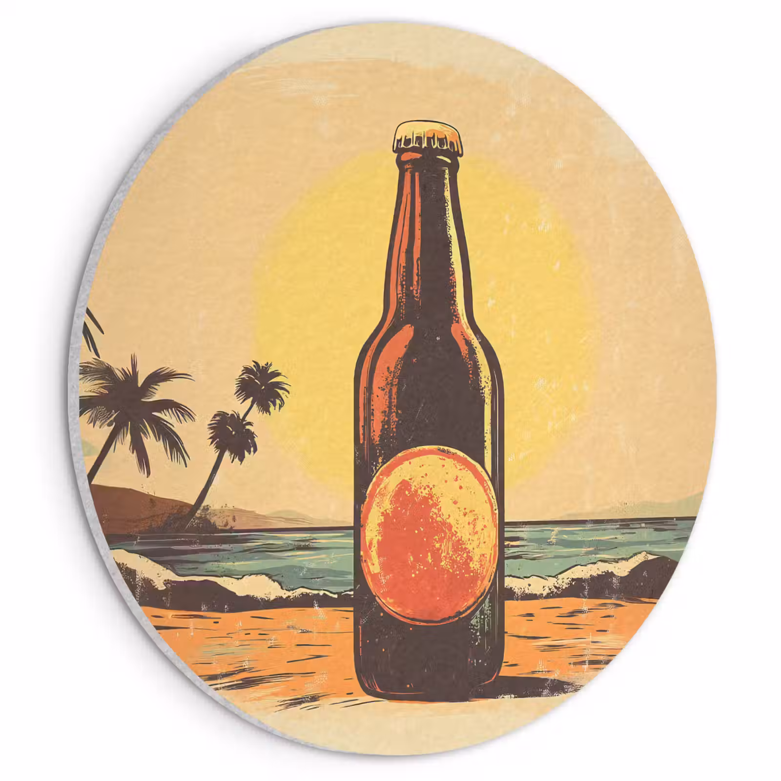 Akoestisch schilderij rond - Bierfles - Zonsondergang - Palmbomen - Zee — 1