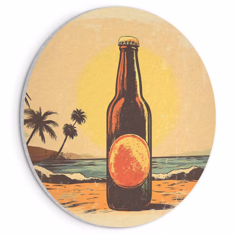 Akoestisch schilderij rond - Bierfles - Zonsondergang - Palmbomen - Zee — 1