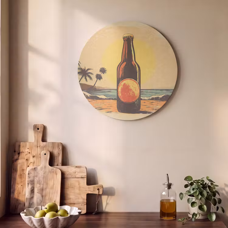 Akoestisch schilderij rond - Bierfles - Zonsondergang - Palmbomen - Zee — 4