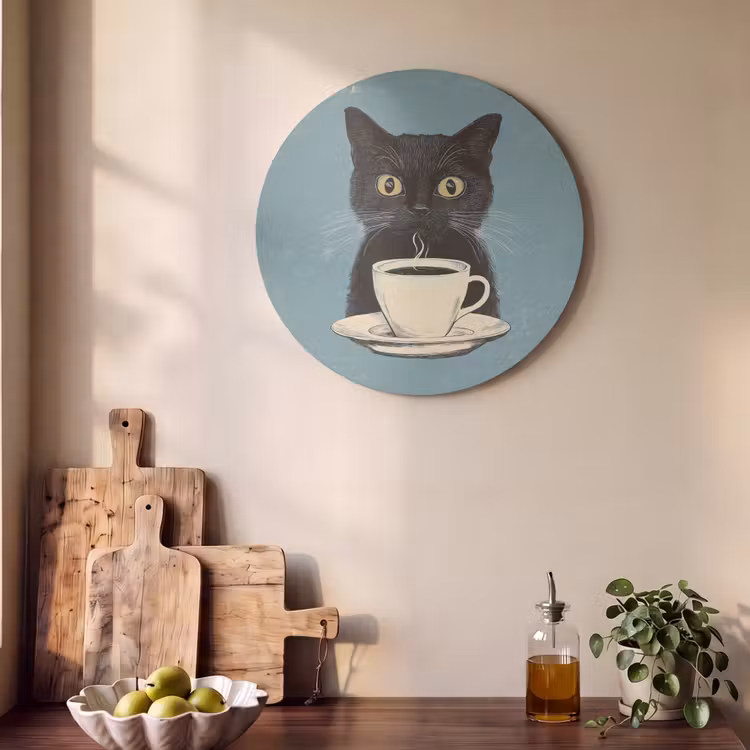 Akoestisch schilderij rond - Kat - Zwart - Koffie - Minimalistisch — 4