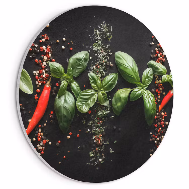 Akoestisch schilderij rond - Chilipepers - Basilicum - Blaadjes - Rood