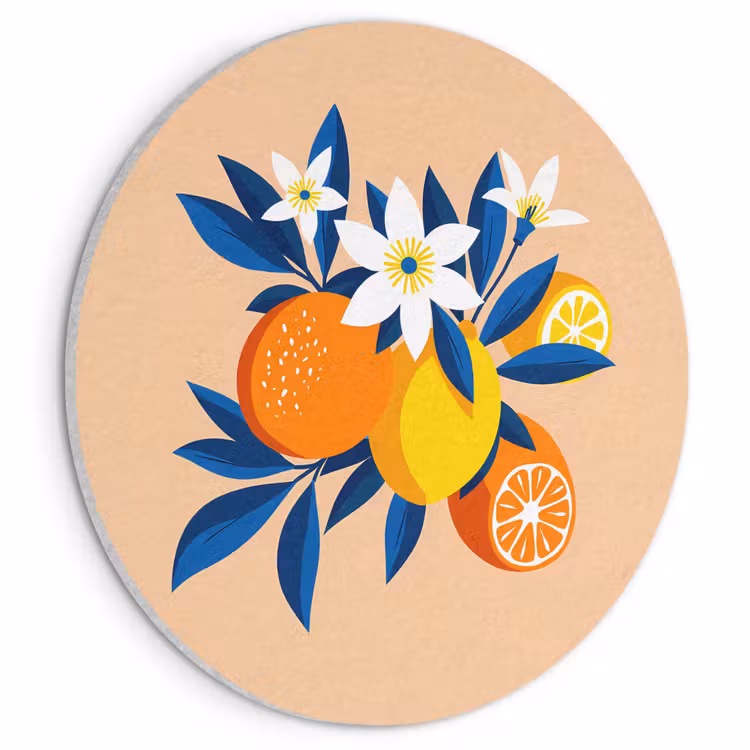 Akoestisch schilderij rond - Illustratie - Sinaasappels - Donkerblauw - Bloemen — 1