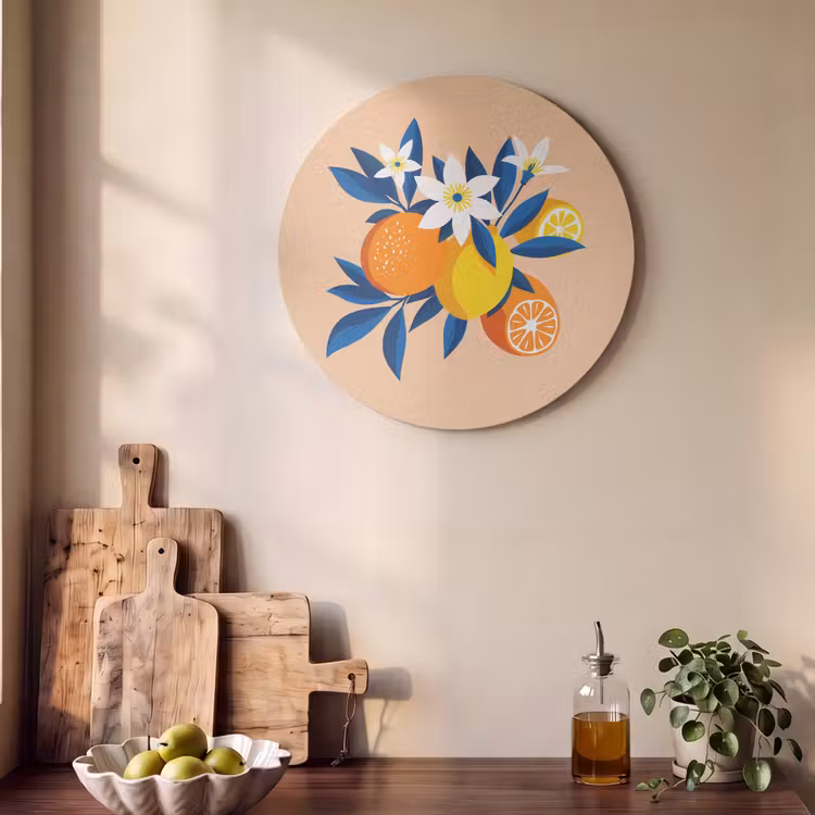 Akoestisch schilderij rond - Illustratie - Sinaasappels - Donkerblauw - Bloemen — 4