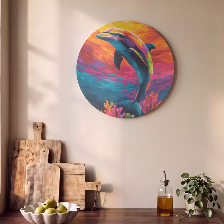 Akoestisch schilderij rond - Dolfijn - Kleurrijk - Oceaan - Koraal — 4