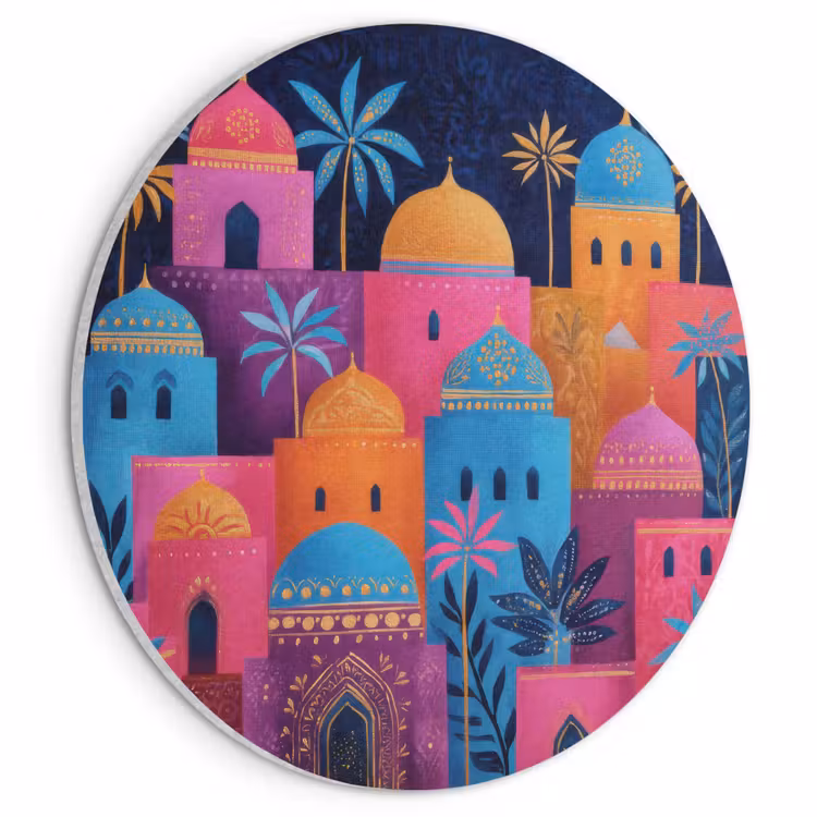 Akoestisch schilderij rond - Kleurrijke gebouwen - Avondlicht - Islamitisch — 1