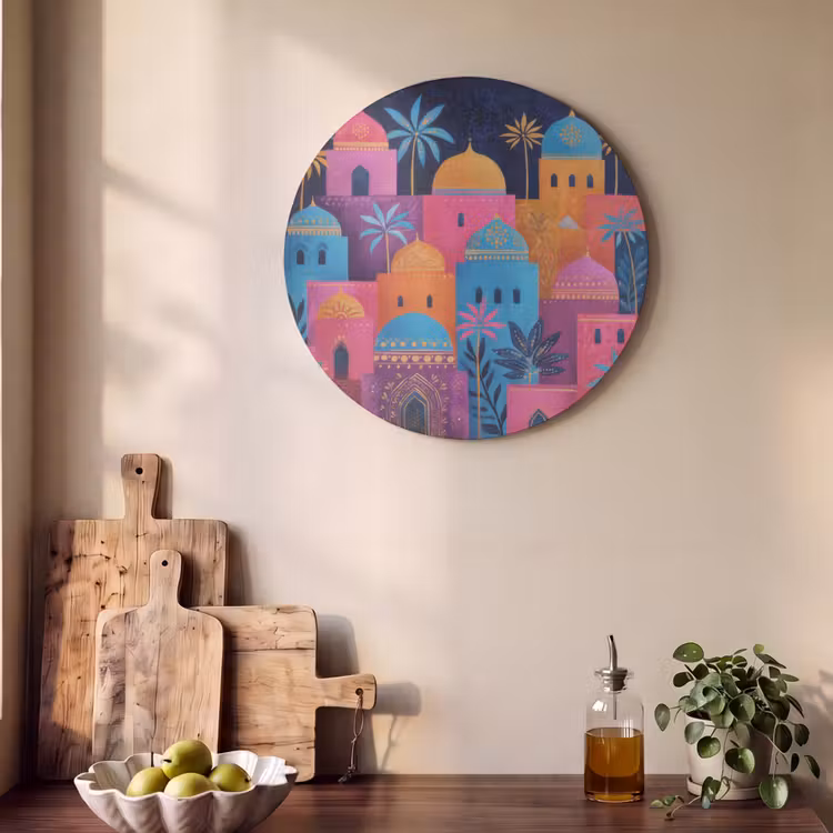 Akoestisch schilderij rond - Kleurrijke gebouwen - Avondlicht - Islamitisch — 4