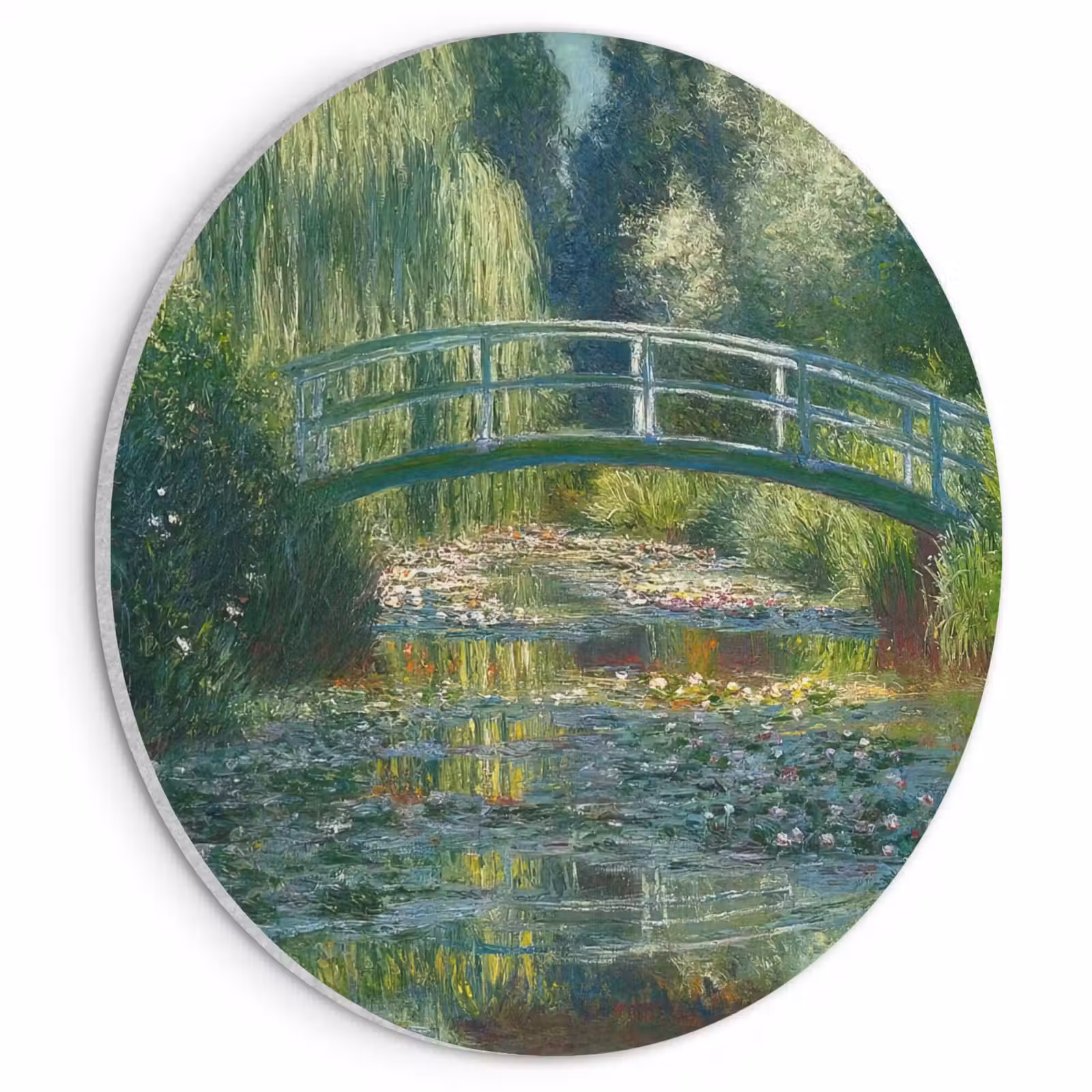 Akoestisch schilderij rond - Brug - Hout - Vijver - Waterlelies — 1