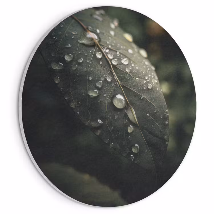 Akoestisch schilderij rond - Blad - Groen - Nerven - Regendruppels — 1