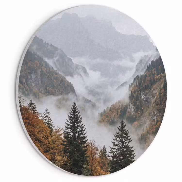 Akoestisch schilderij rond - Bergen - Vallei - Mist - Herfst - Natuur