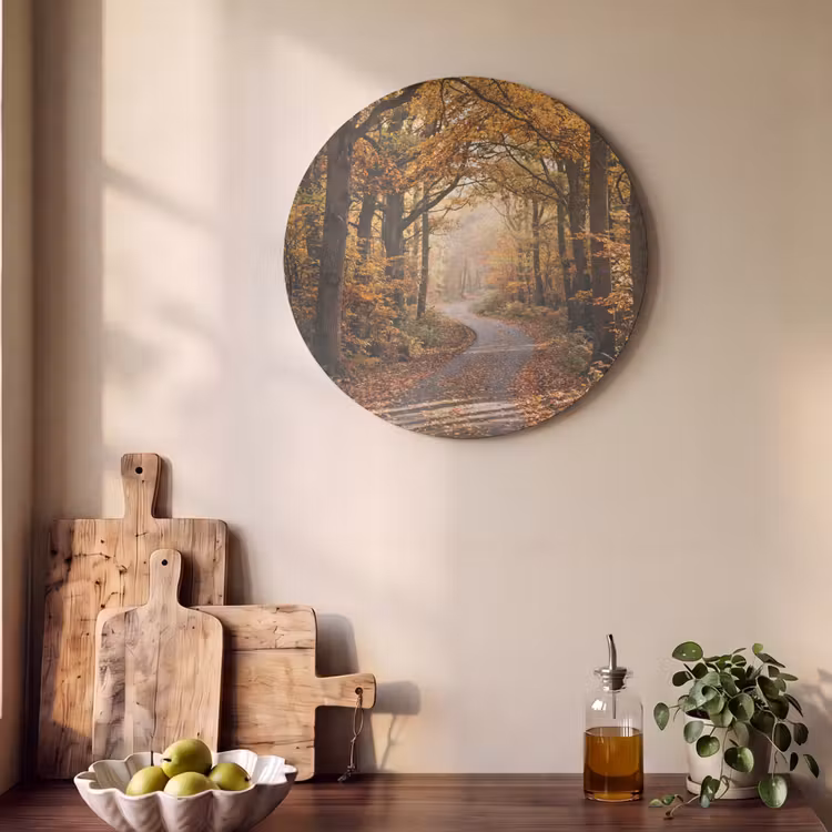 Akoestisch schilderij rond - Bospad - Herfstbos - Bladeren - Oranje - Nostalgisch — 4