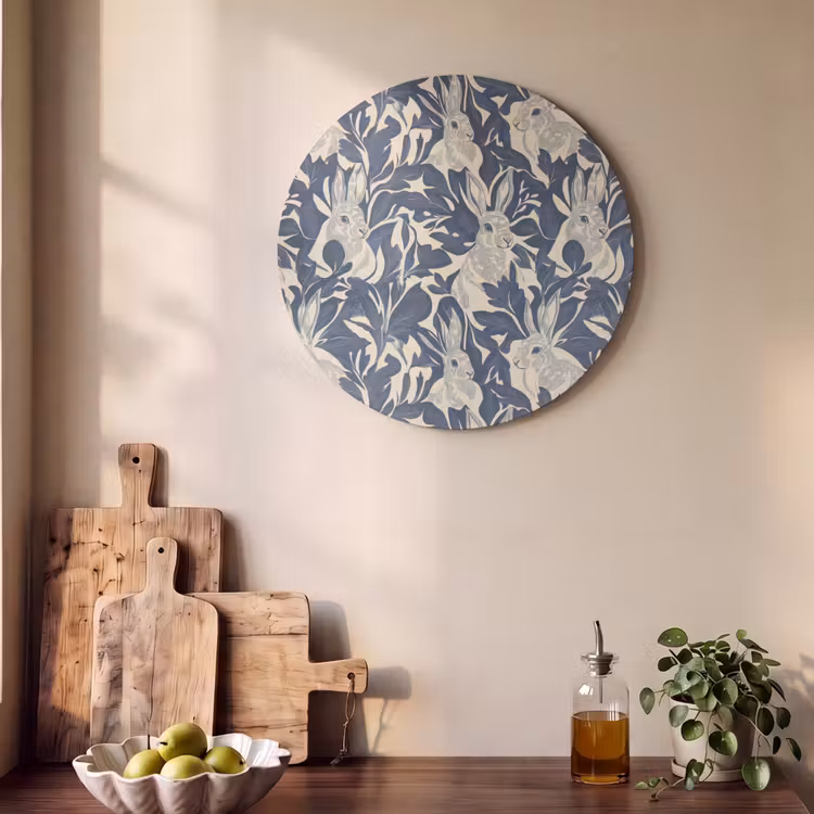 Akoestisch schilderij rond - Hazen - Bladeren - Patroon - Blauw - Beige — 4