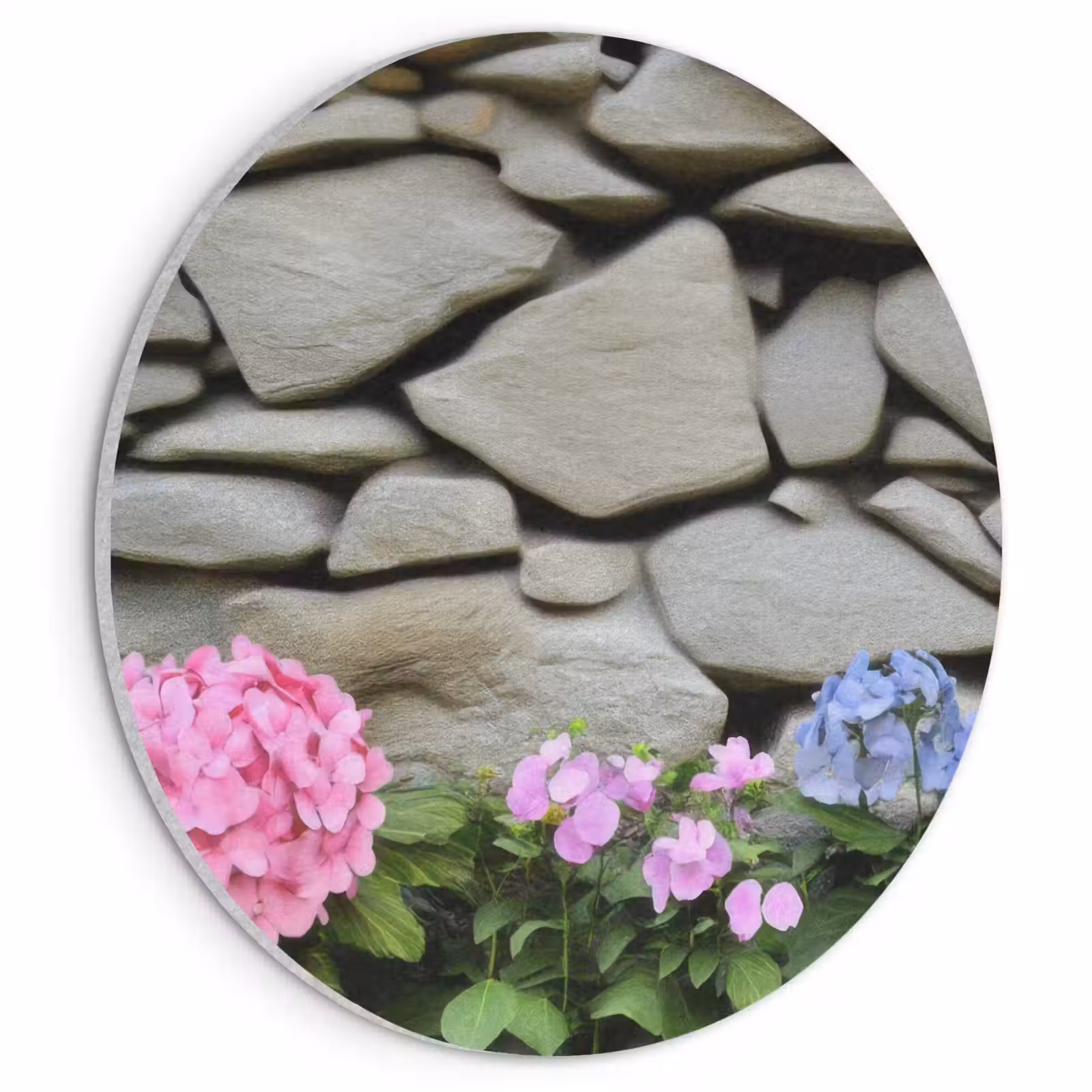 Akoestisch schilderij - Hortensia’s - Stenen - Muur - Bloemen — 1