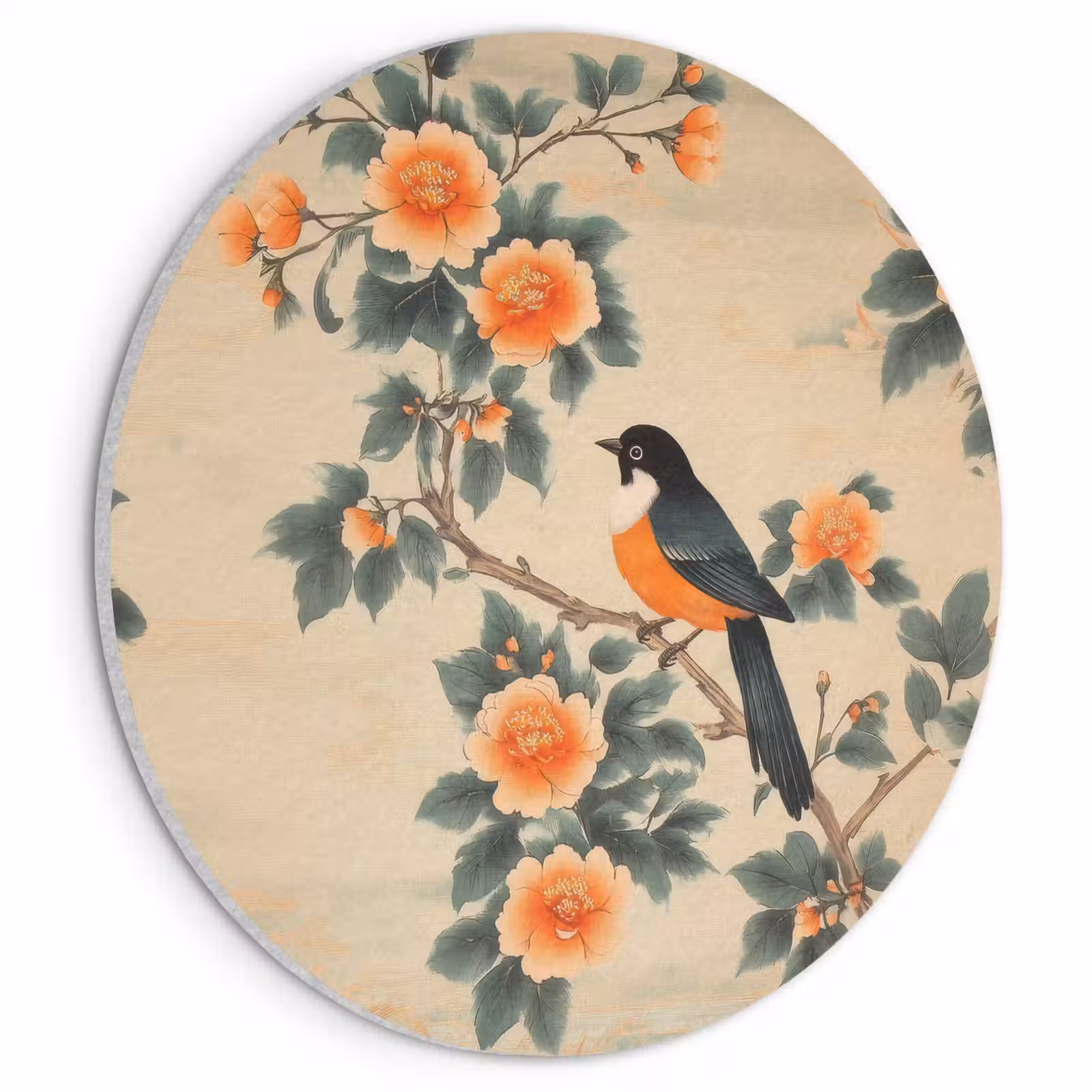 Akoestisch schilderij rond - Vogel - Tak - Bloemen - Oranje — 1