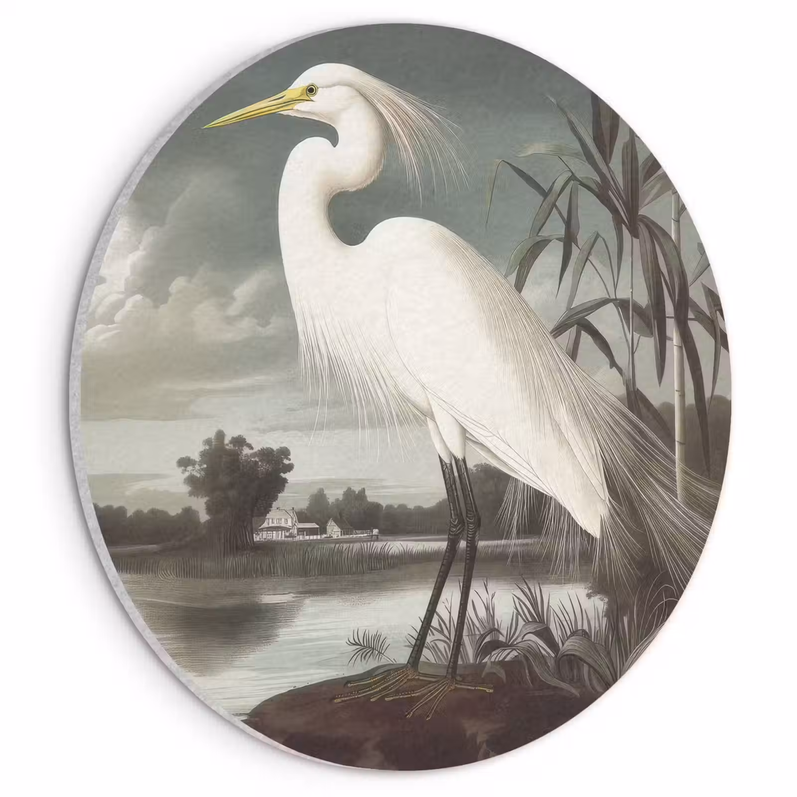 Akoestisch schilderij rond - Reiger - Planten - Wolken - Wit — 1