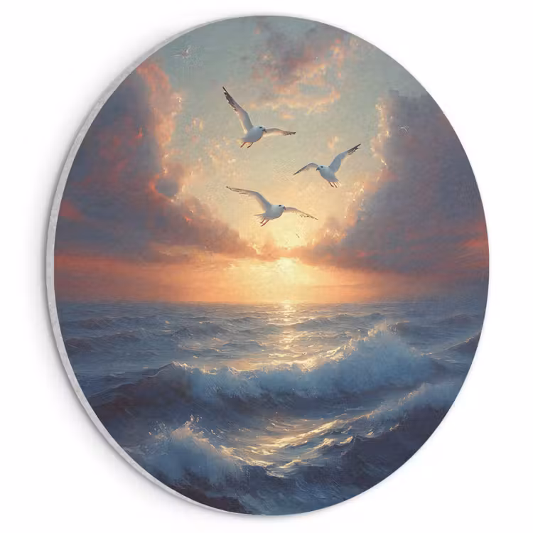 Akoestisch schilderij rond - Meeuwen - Zonsondergang - Zee - Wolken — 1