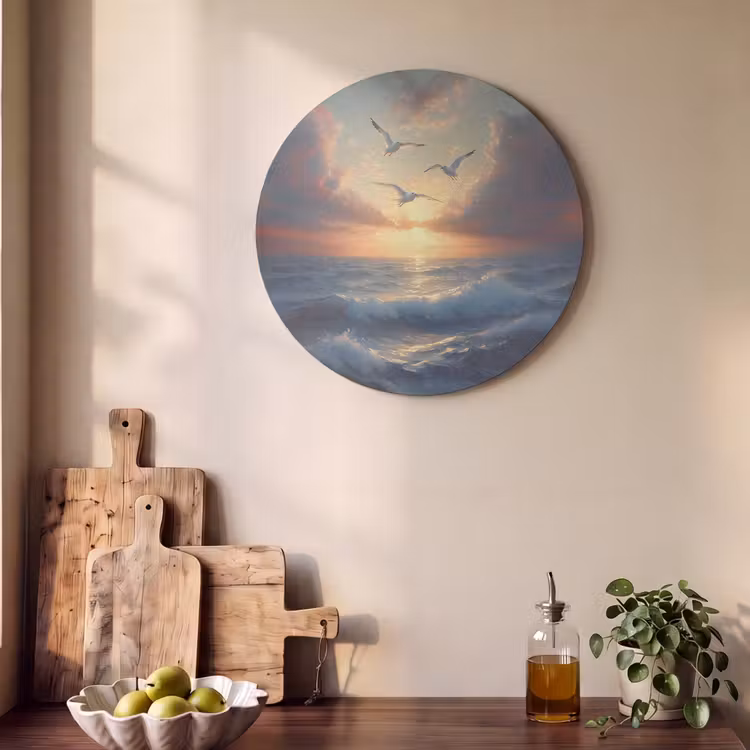Akoestisch schilderij rond - Meeuwen - Zonsondergang - Zee - Wolken — 4