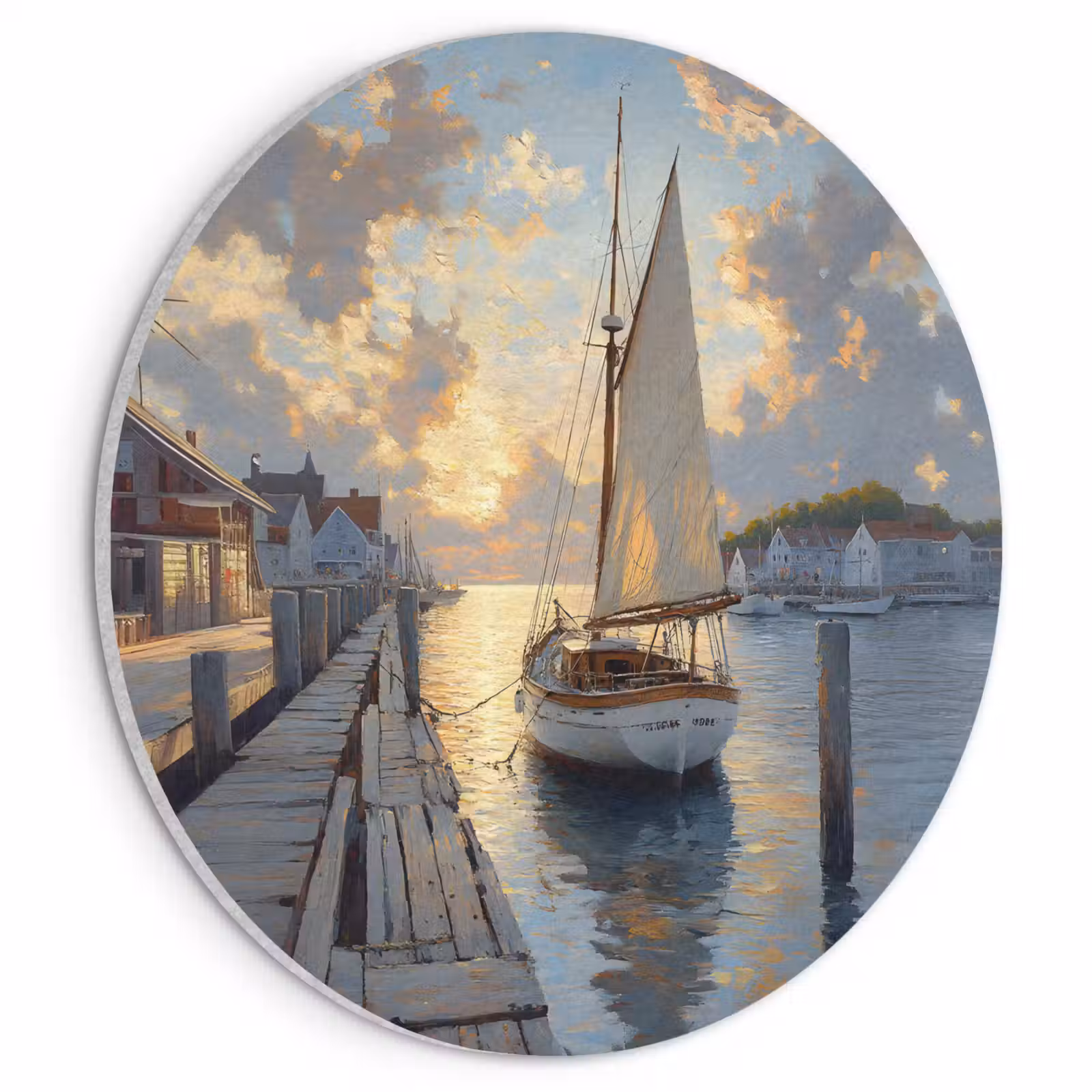 Akoestisch schilderij rond - Zeilboot - Zon - Pier - Hout — 1