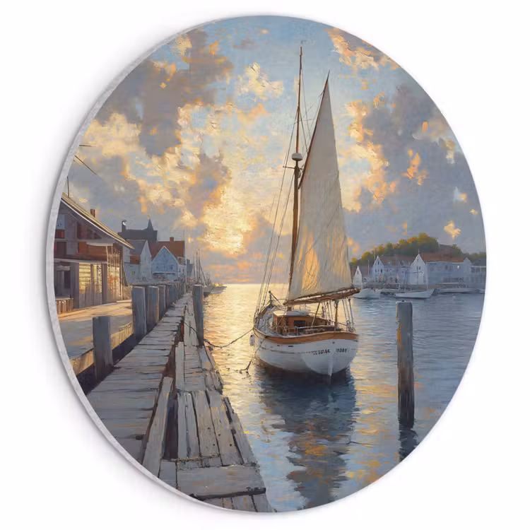 Akoestisch schilderij rond - Zeilboot - Zon - Pier - Hout — 1
