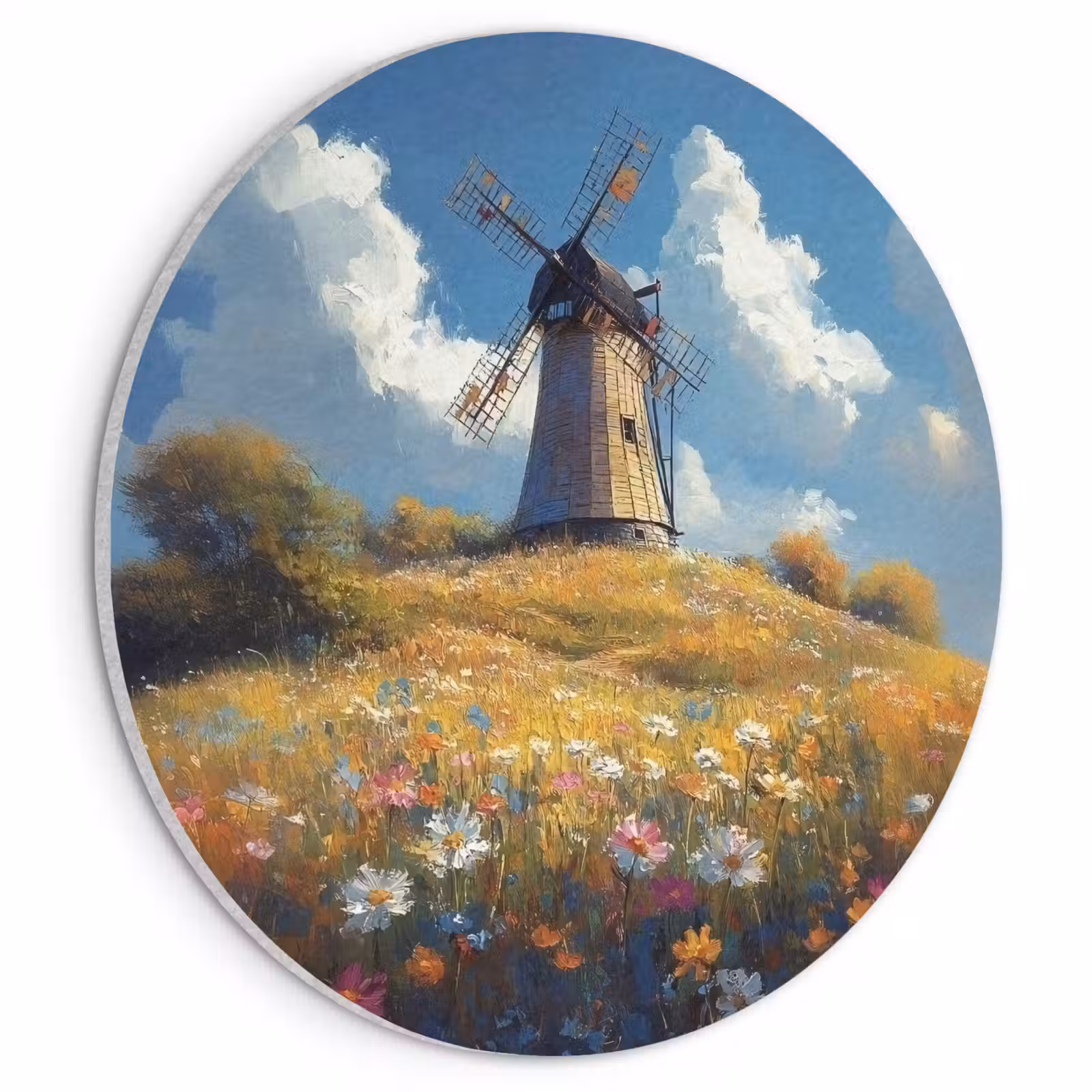Akoestisch schilderij rond - Windmolen - Heuvel - Bloemen - Kleurrijk — 1