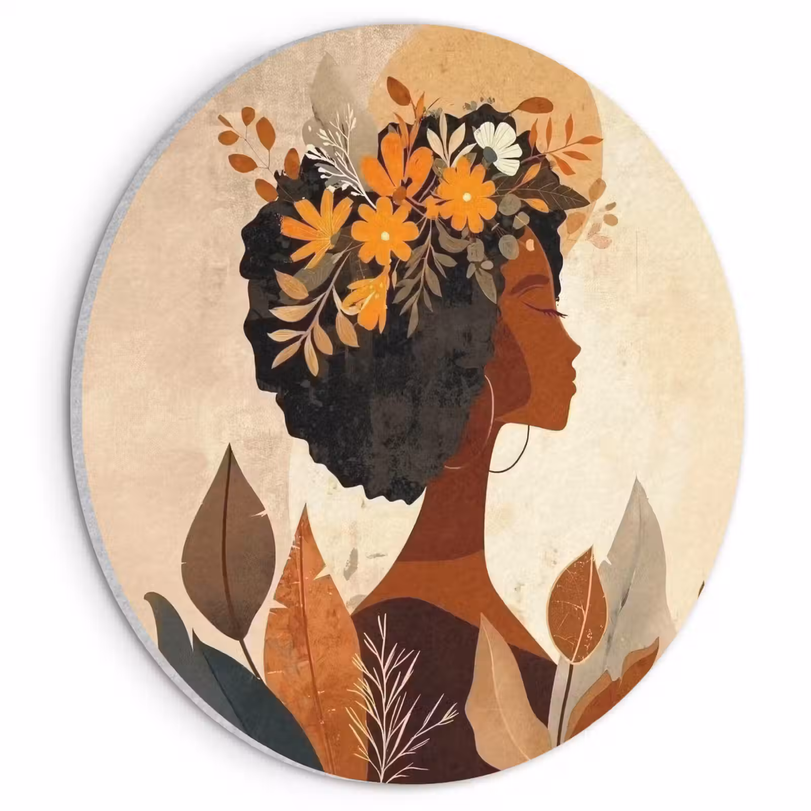 Akoestisch schilderij rond - Vrouw - Krullen - Bloemen - Beige — 1